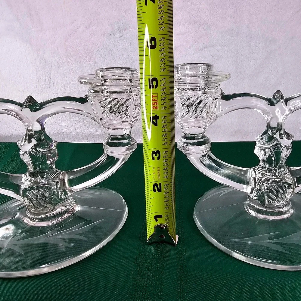Pair Vintage Etched Glass Taper Candle Holders Double Arm Candelabra Crystal‎